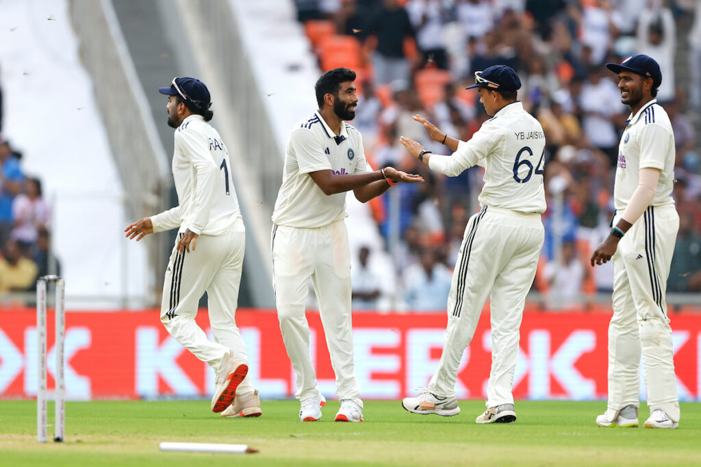 Jasprit Bumrah, Jaiswal and Sai Sudarshan celebrate the fall of a wicket against the West Indies