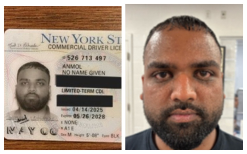 U.S autorities arrested an Indian-origin driver who was issued a commercial driver's license (CDL) by the state of New York to “No Name Given Anmol.”
