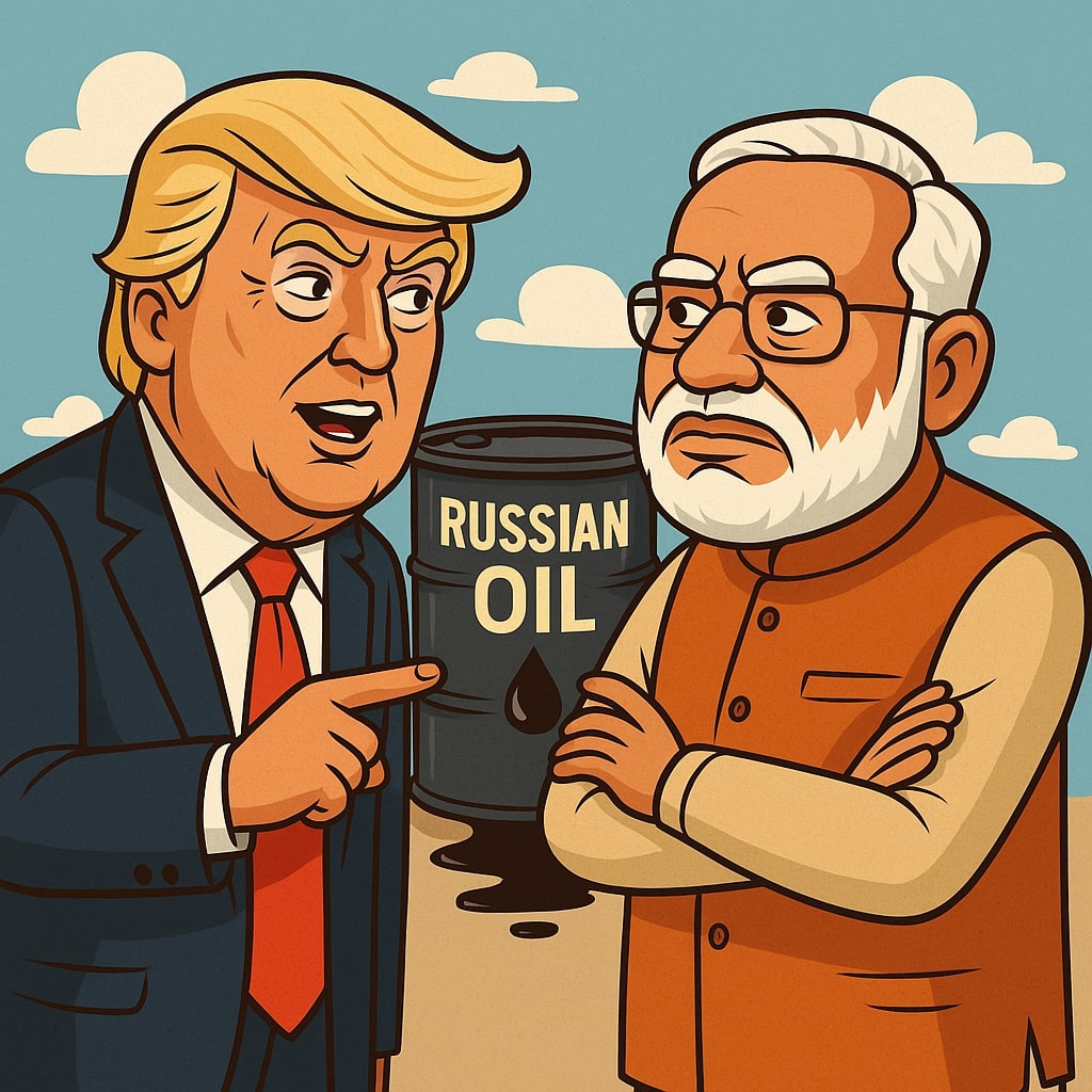 Cartoon on trump and Modi talking about Russian oil