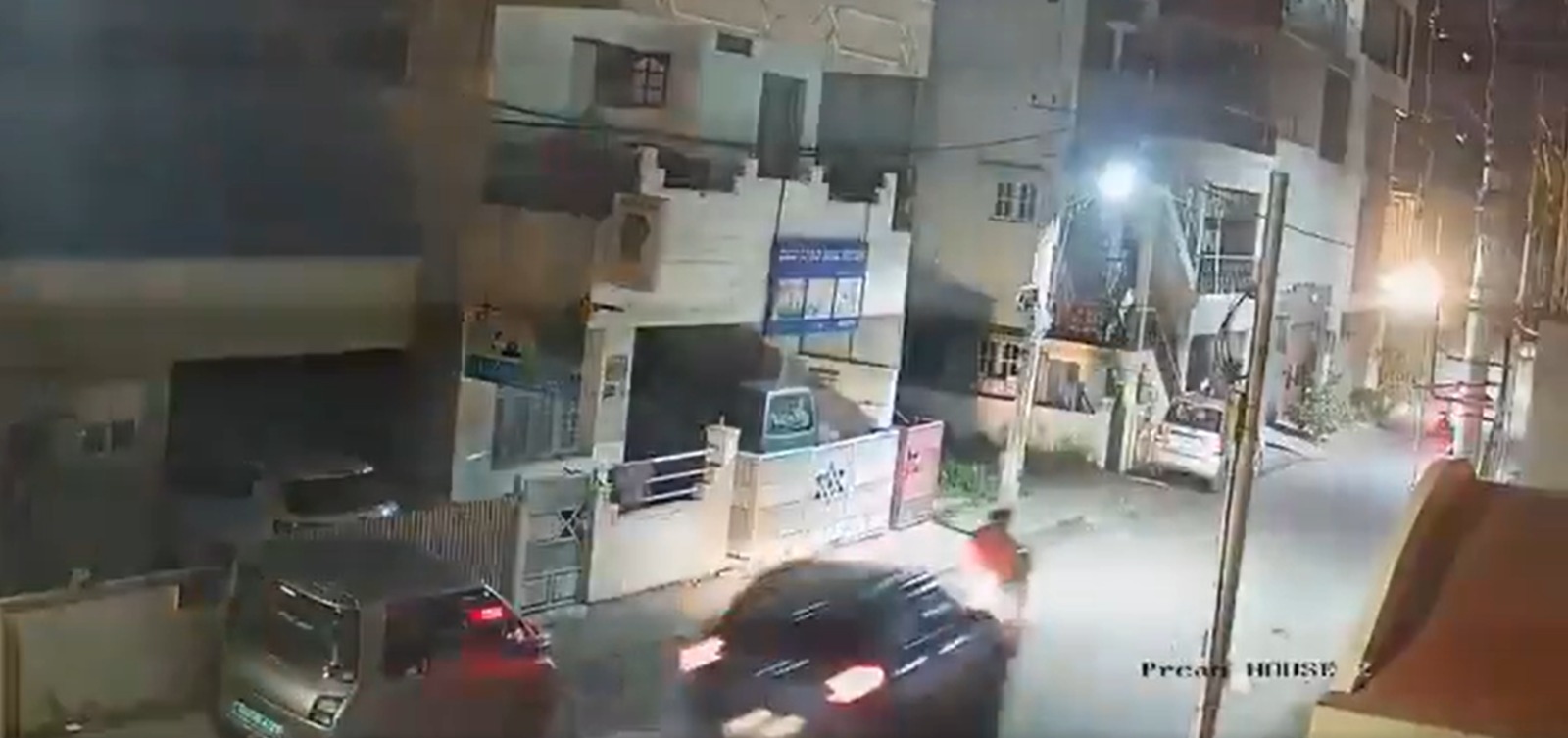 The car chased the motorcycle at night, as seen in the video.