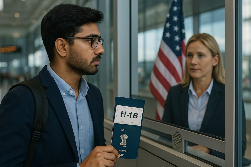 AI generated image of Indian tech professional at an airport, passport in hand.