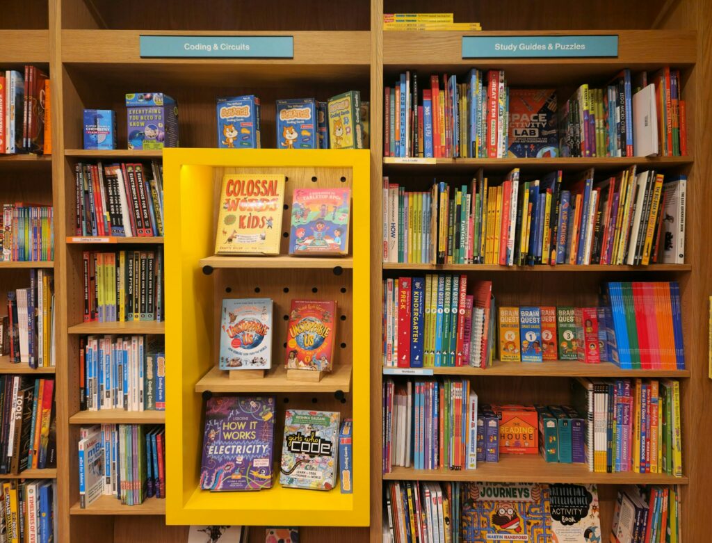 A book shelf with children's books
