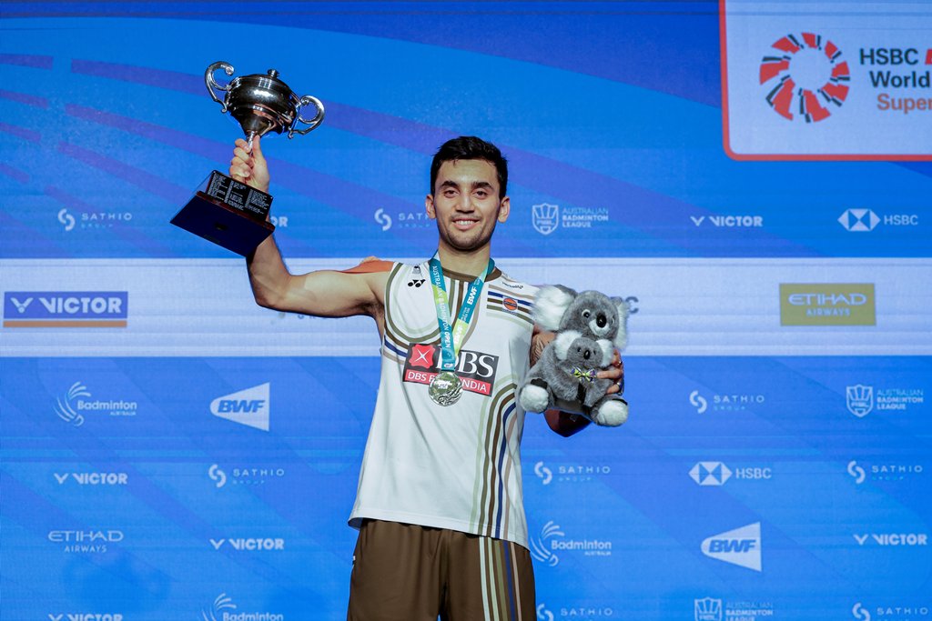 Indian shuttler Lakshya Sen celebrating his first trophy win of the year