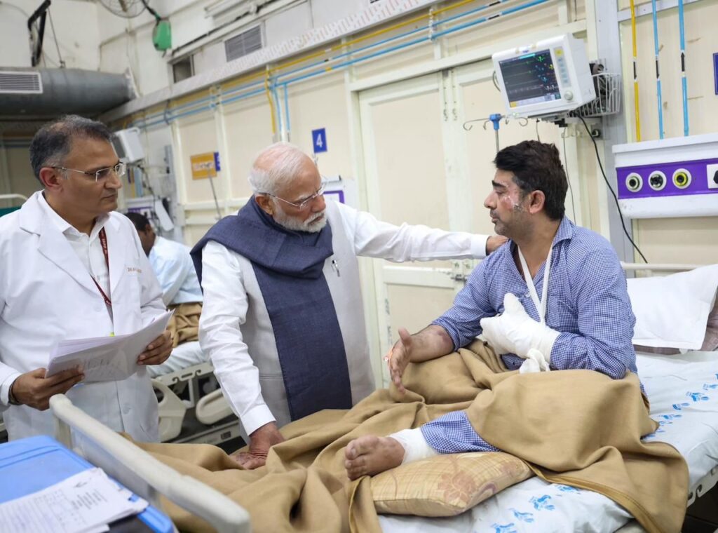 Prime Minister Narendra Modi on Wednesday visited the LNJP Hospital in Delhi to meet victims of the Red Fort blast that left at least nine people dead