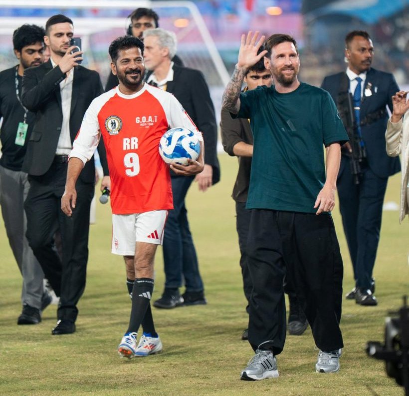Messi taking a tour of the stadium with Telangana CM Revanth Reddy.