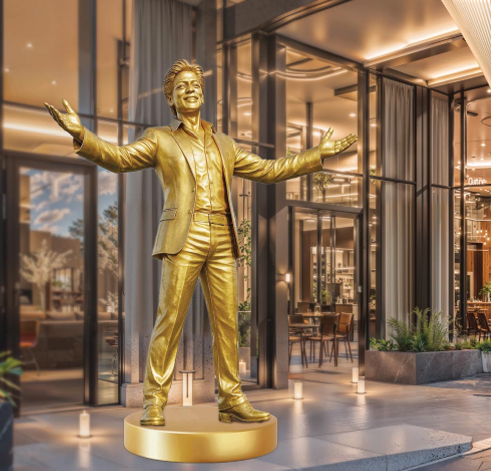 A statue of Bollywood superstar Shah Rukh Khan greets visitors at Shahrukhz Danube, a premium commercial tower on Sheikh Zayed Road, Dubai