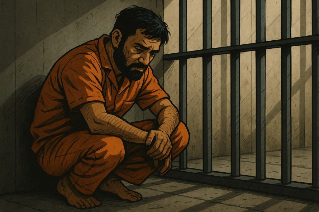 Man in jail crouching.